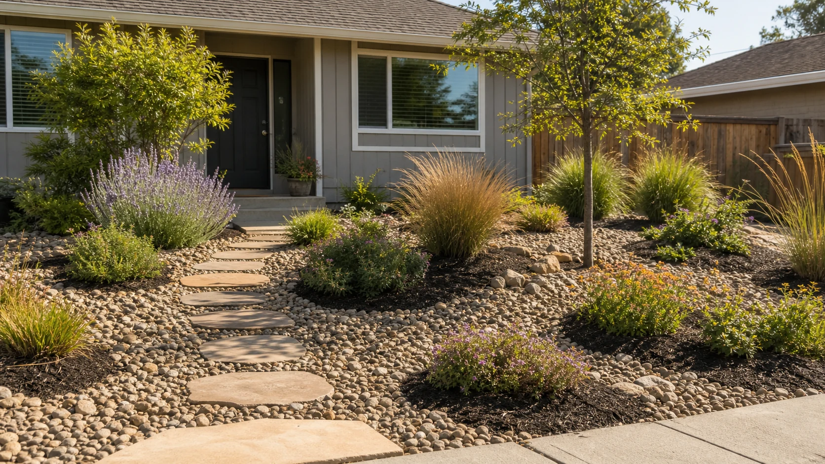 No Grass Front Yard Ideas on a Budget: Rock, Mulch & Drought-Friendly Plants