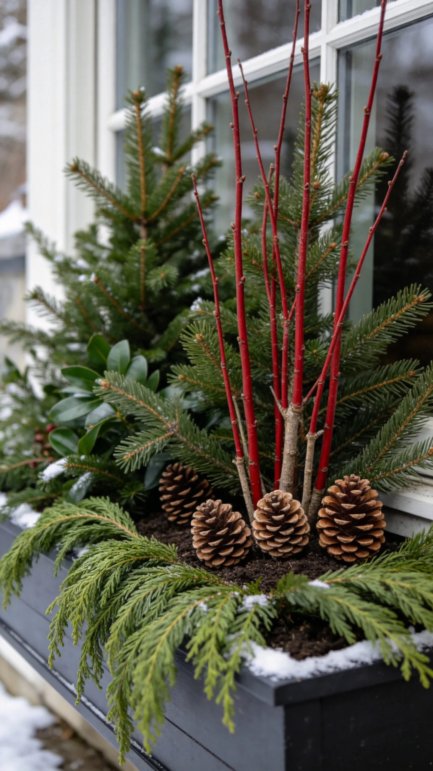 3. Fill Window Boxes With Evergreen Cuttings