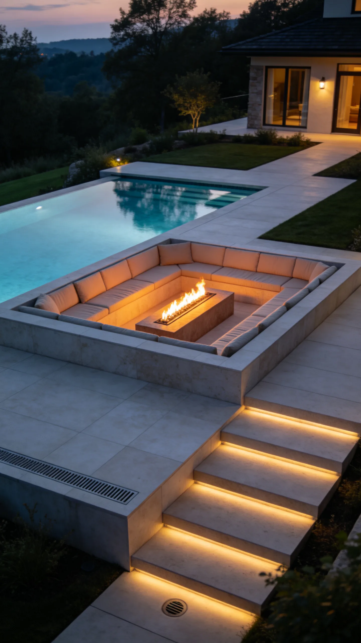 5. Create a Sunken Fire Pit Lounge Beside the Pool