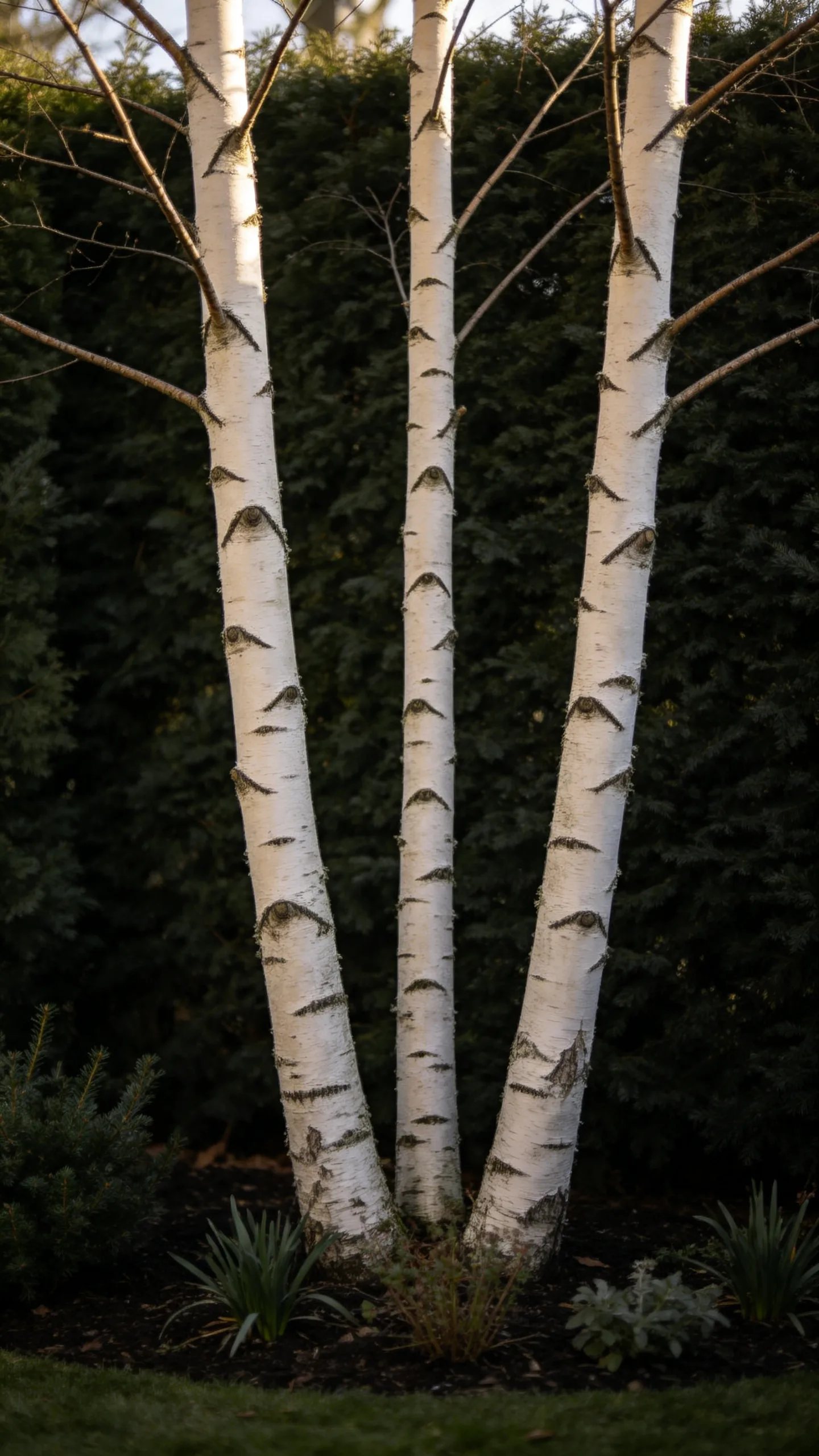 9. Place White-Barked Trees Against Dark Evergreens