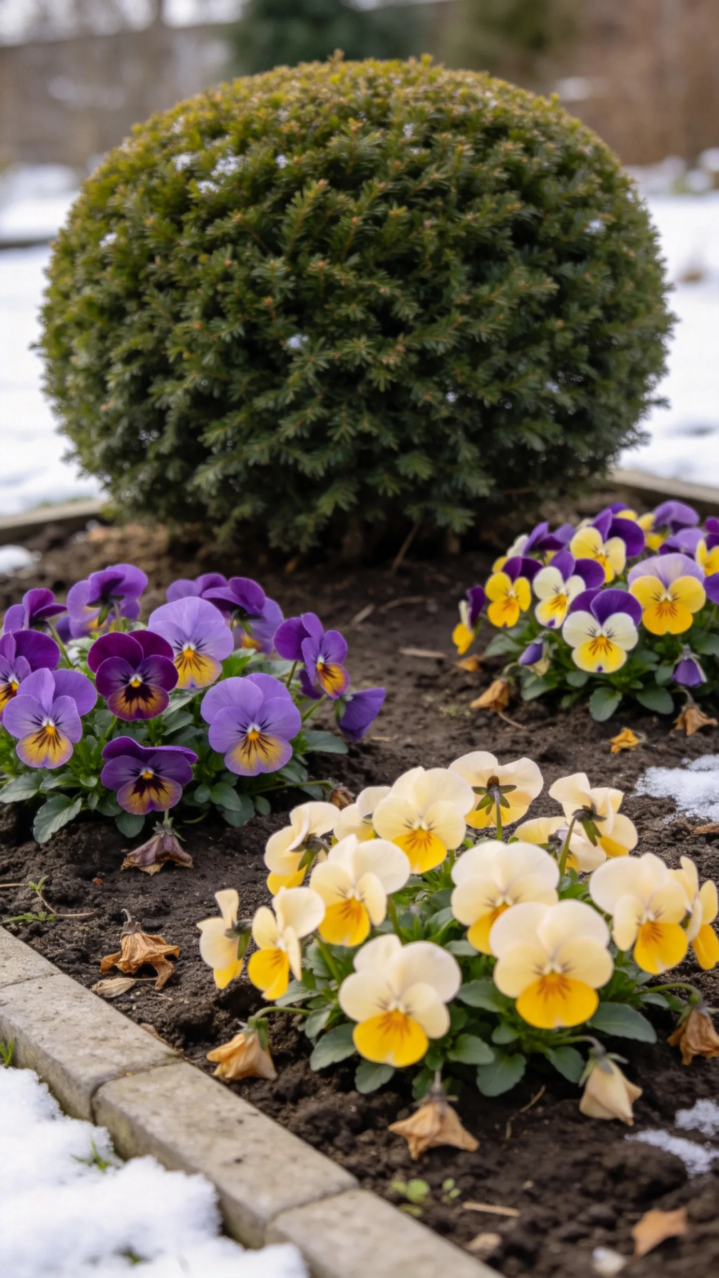 15. Add Winter Pansies Around Evergreen Shrubs