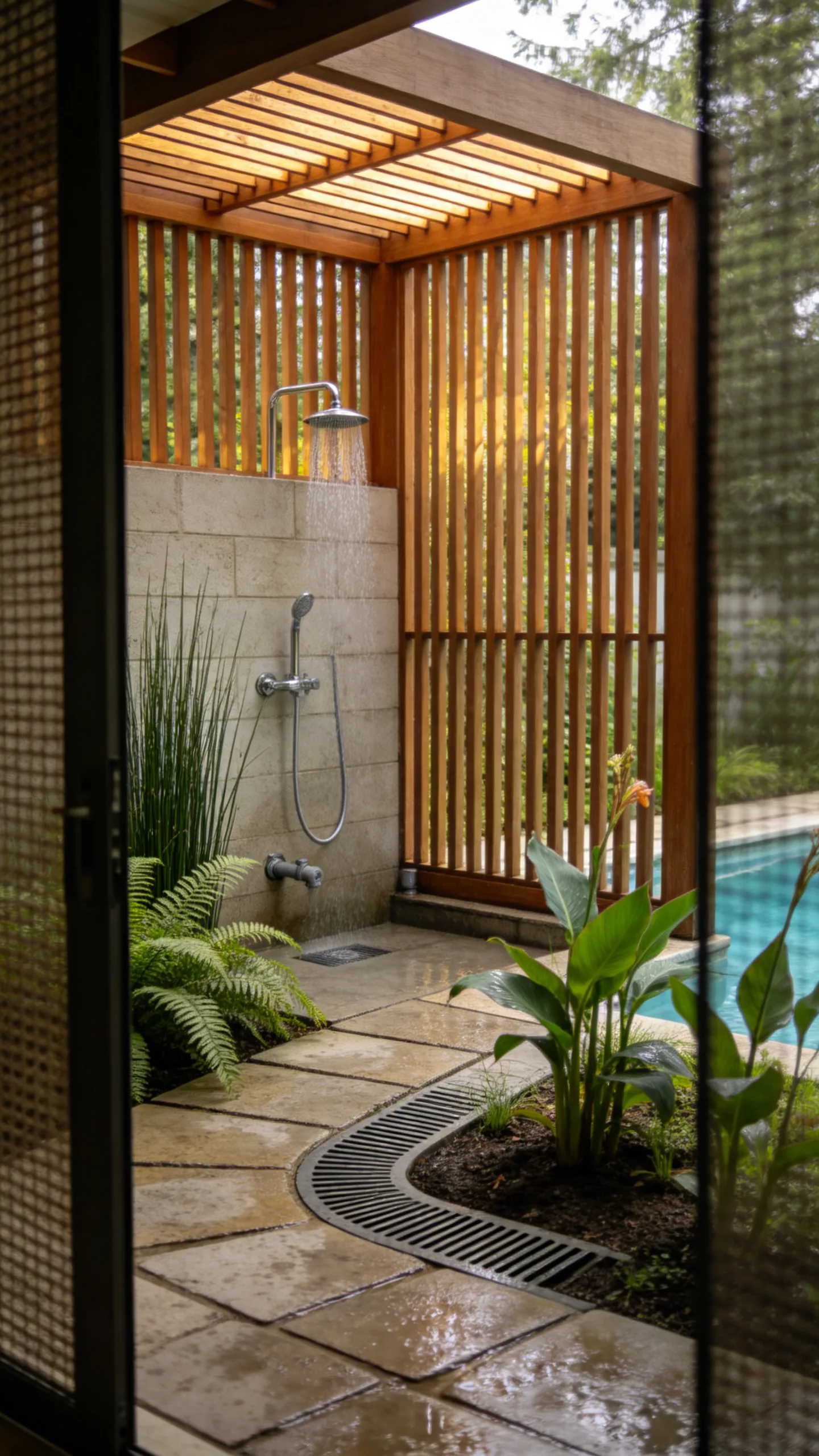 16. Add an Outdoor Shower Behind a Planted Screen