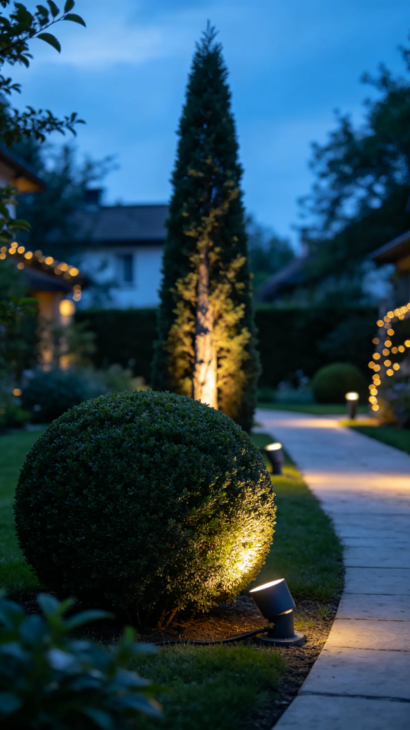 19. Highlight Evergreen Shapes With Outdoor Lighting