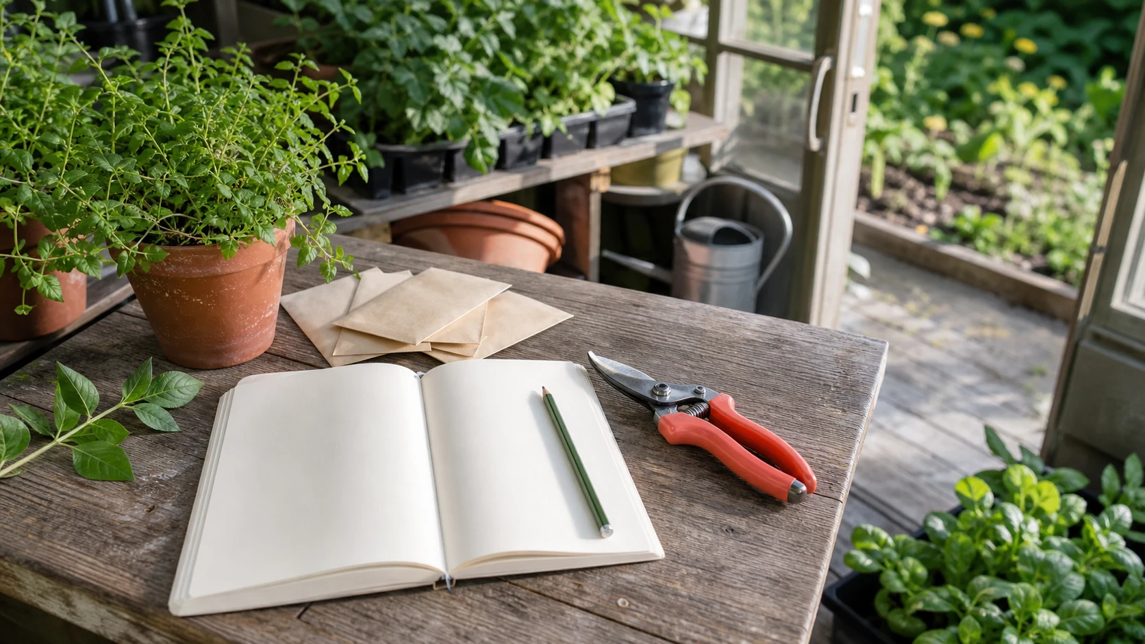 A blank garden notebook with pruning shears and plants beside a potting area.