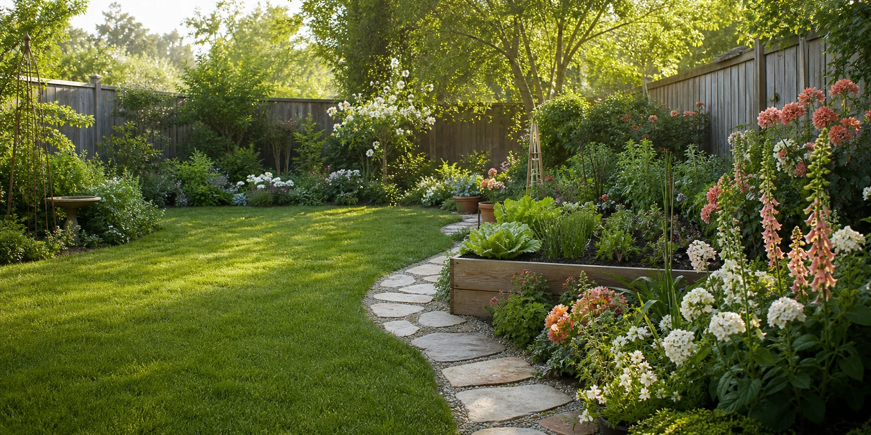 A welcoming home garden with lawn, flower borders, a path, and a raised edible bed.