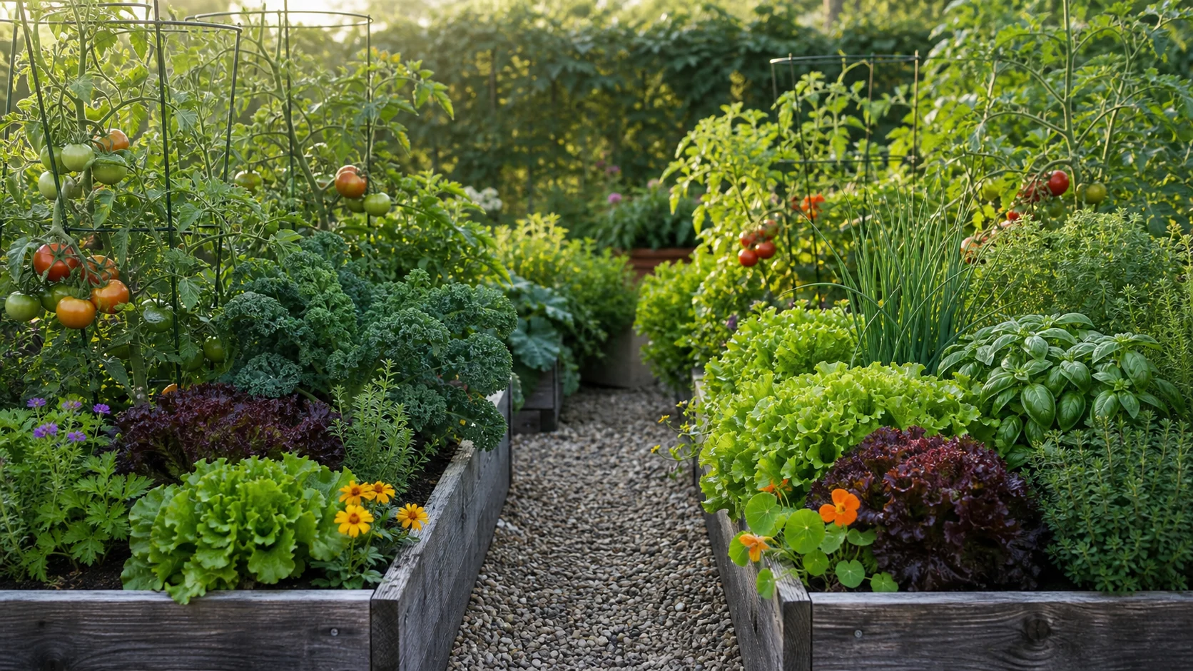 Raised garden beds filled with tomatoes, leafy greens, herbs, and edible flowers.