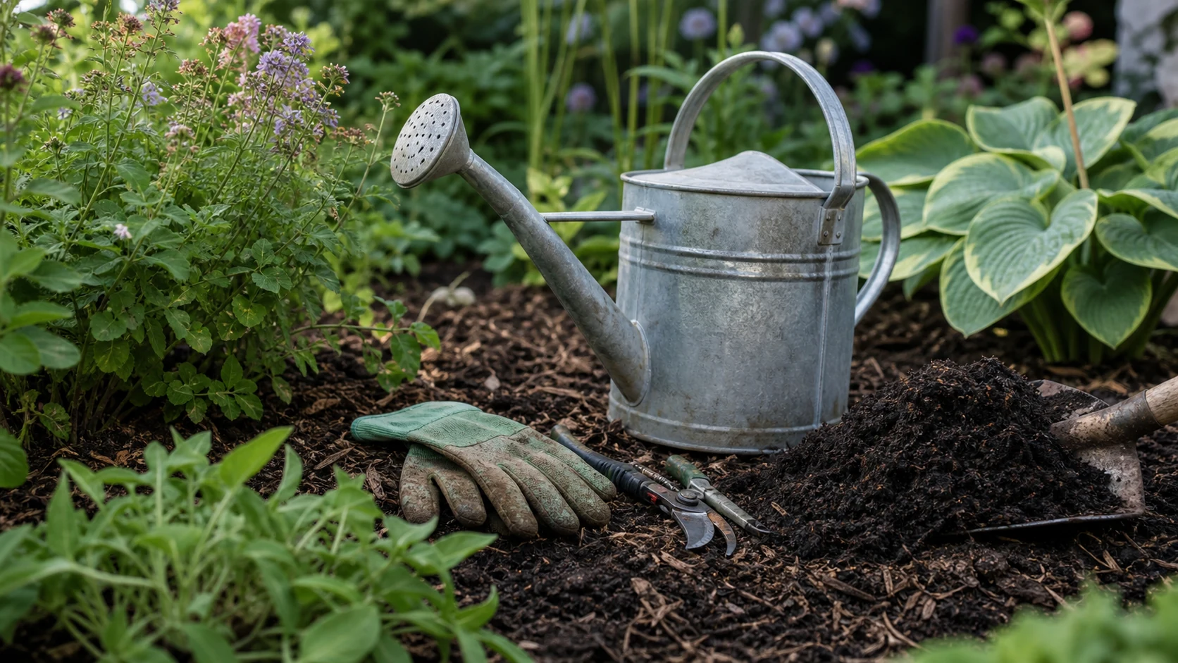 A watering can, hand tools, compost, and healthy plants in a cared-for garden bed.