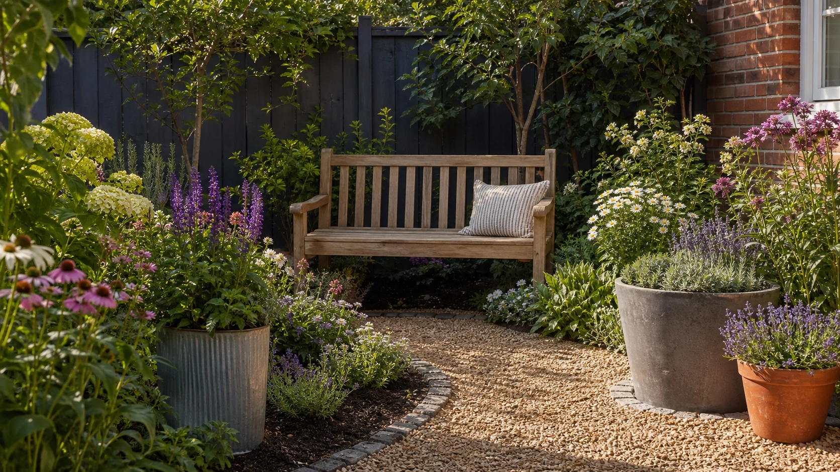 A designed backyard corner with a bench, gravel path, containers, and layered flowers.