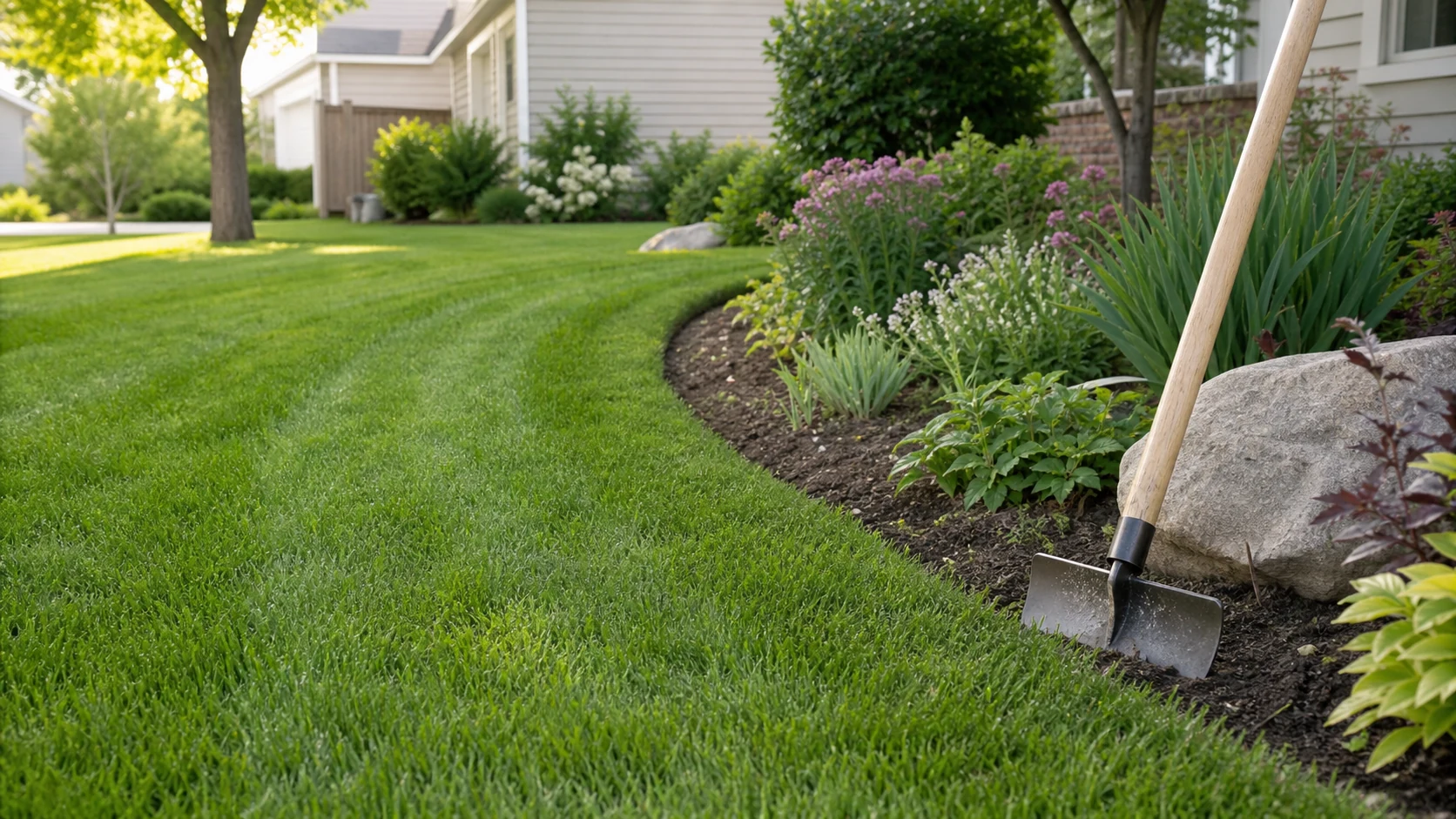 A healthy lawn with a clean curved edge beside a planted border.