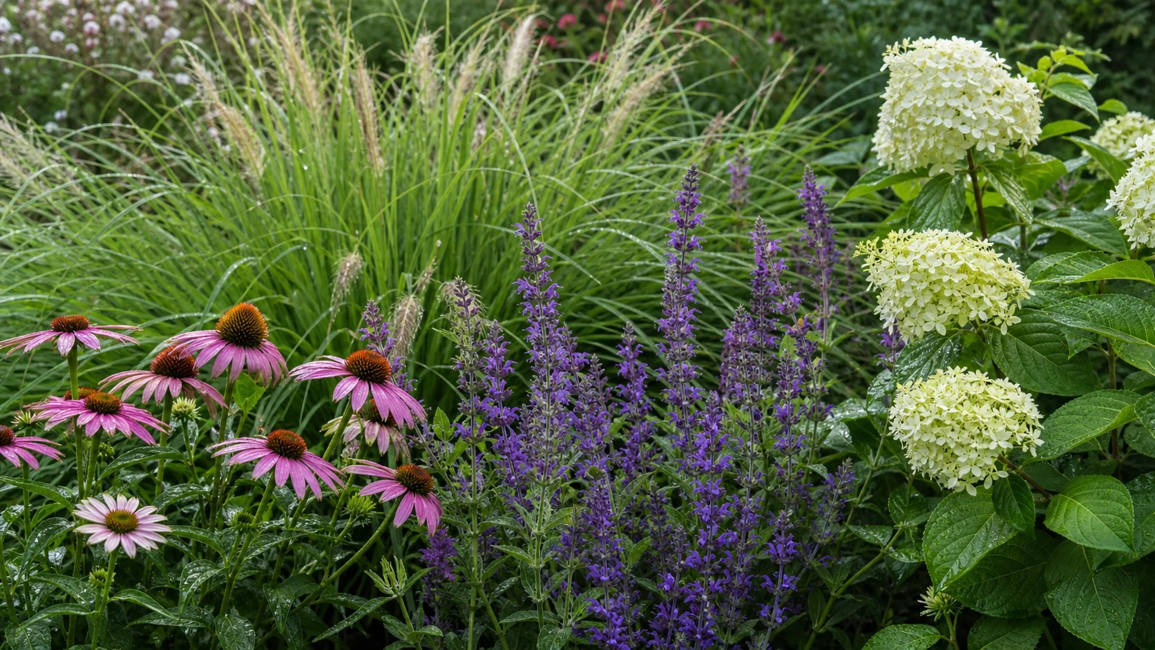 A mixed perennial border with coneflowers, salvia, grasses, and hydrangeas.